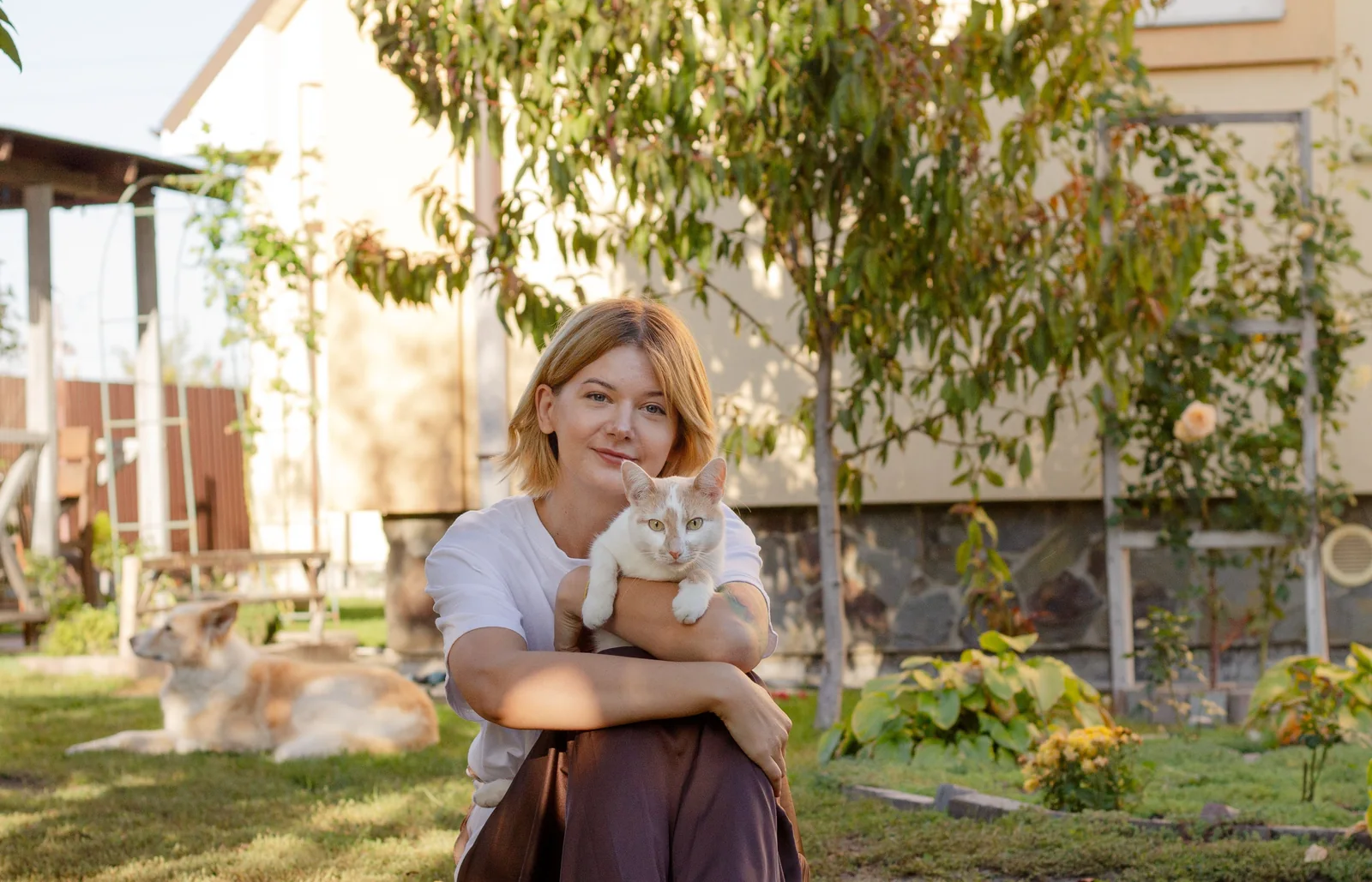 Terapeuta com gato e cão